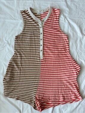 Shop Talulah striped sleeveless henley romper Brown-Orange size Large